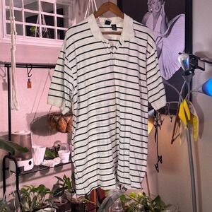 Cherokee Mens XLT Polo Shirt White Navy Blue Striped Short Sleeve Cotton Pique